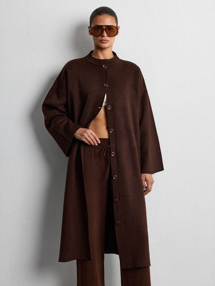 Lumivelle Women Maxi Length Dark Brown Color Knit Cardigan With Drawstring Detailed Knit Sweater Pand 2pcs Set Co-Ords - Rust Brown - View 7