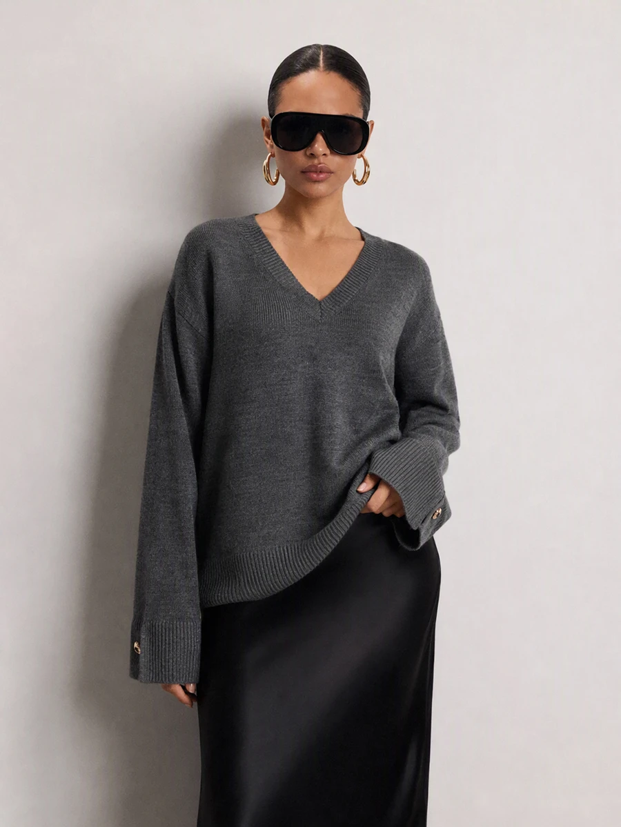 Lumivelle Women V-Neck Button Detailed Sweater - Grey - View 1