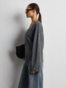 Lumivelle Women V-Neck Button Detailed Sweater - Grey - View 7