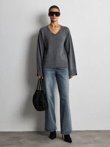 Lumivelle Women V-Neck Button Detailed Sweater - Grey - View 9