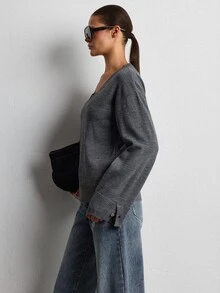 Lumivelle Women V-Neck Button Detailed Sweater - Grey - View 8