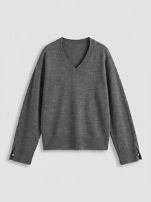 Lumivelle Women V-Neck Button Detailed Sweater - Grey - View 5