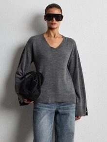 Lumivelle Women V-Neck Button Detailed Sweater - Grey - View 3