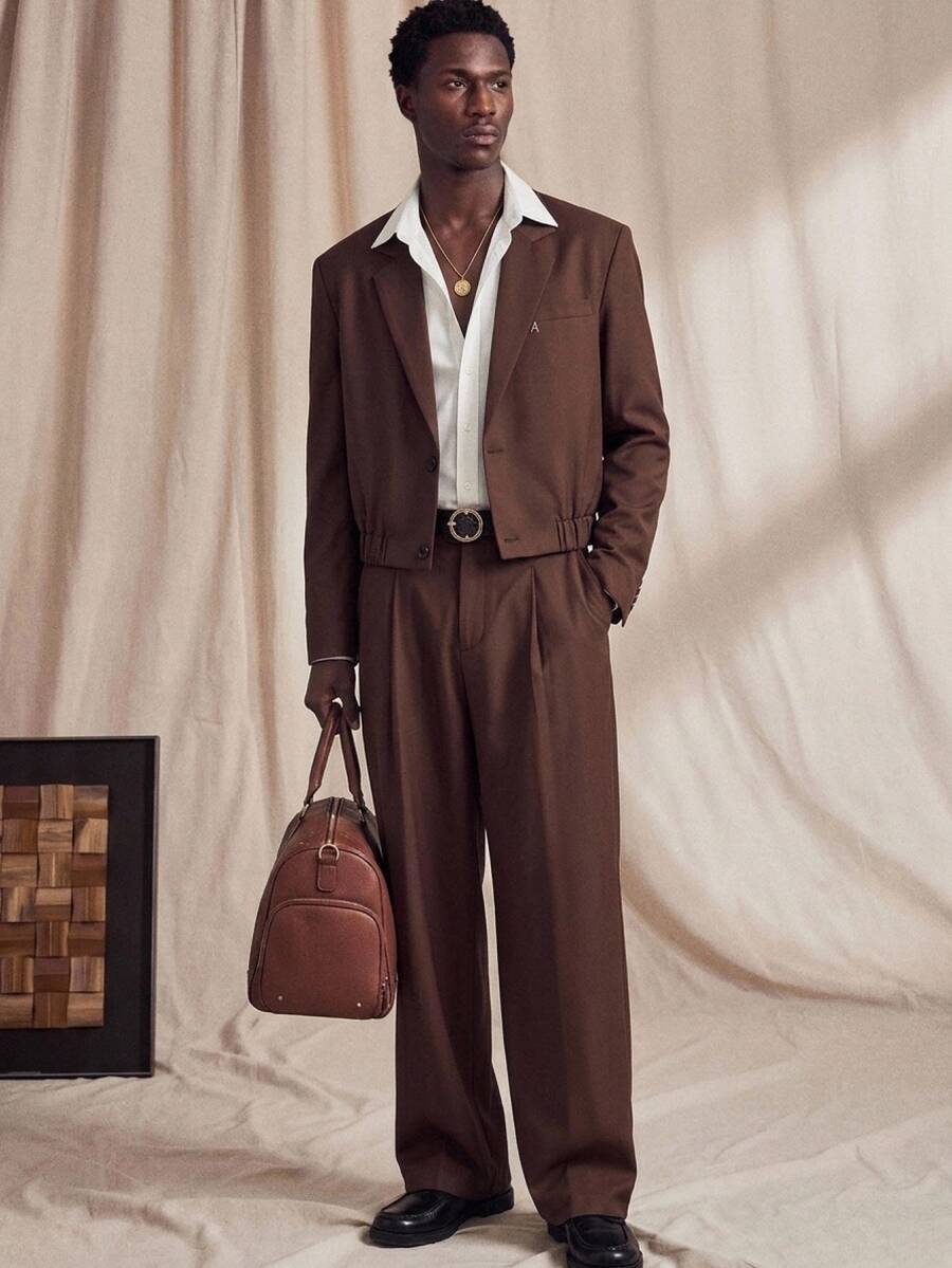 Vientiro 2pcs Khaki Men's Woven Loose Fit Padded Shoulder Lapel Long Sleeve Short Length Elastic Hem Suit Set, Suitable For Daily Wear And Commute, Metal Accessories - Coffee Brown - View 1