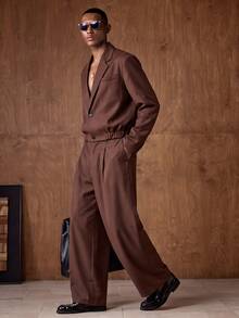 Vientiro 2pcs Khaki Men's Woven Loose Fit Padded Shoulder Lapel Long Sleeve Short Length Elastic Hem Suit Set, Suitable For Daily Wear And Commute, Metal Accessories - Coffee Brown - View 7