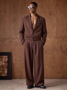 Vientiro 2pcs Khaki Men's Woven Loose Fit Padded Shoulder Lapel Long Sleeve Short Length Elastic Hem Suit Set, Suitable For Daily Wear And Commute, Metal Accessories - Coffee Brown - View 1