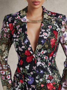 Silquee Commuter Fashion Outfit, Basic Style Clothing, Lapel Design, Long Sleeve Embroidered Sheer Slim Fit, Elegant Blazer Jacket - Multicolor - View 9