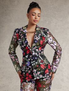 Silquee Commuter Fashion Outfit, Basic Style Clothing, Lapel Design, Long Sleeve Embroidered Sheer Slim Fit, Elegant Blazer Jacket - Multicolor - View 3