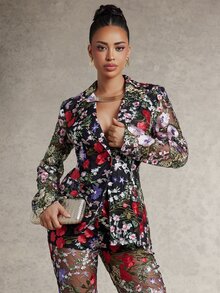 Silquee Commuter Fashion Outfit, Basic Style Clothing, Lapel Design, Long Sleeve Embroidered Sheer Slim Fit, Elegant Blazer Jacket - Multicolor - View 7