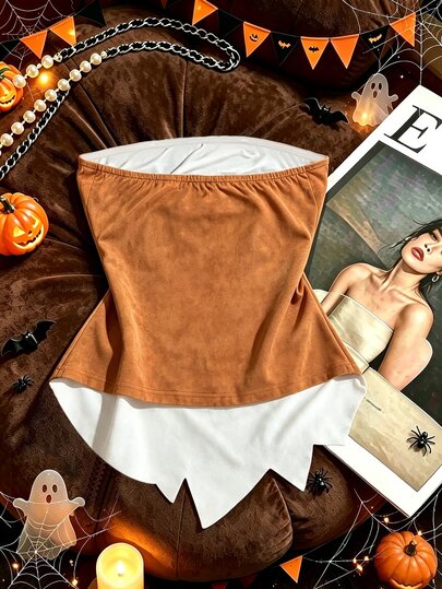 SHEIN Franclia Top tubo sin tirantes con gráfico de calabaza Jack O Lantern de Halloween para mujer, top bandeau con dobladillo asimétrico, top corto sexy para fiesta de otoño de temporada espeluznante