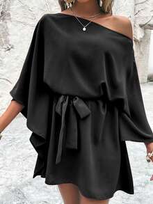 Breezaya Solid Asymmetrical Neck Belted Dress - Black - View 4