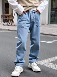 Tween Boy Retro Aqua Blue Washed Denim Jeans,Drawstring Waist,Patch Pockets,Simple Relaxed Tapered Fit,Summer,Casual 2016 Aesthetic,Streetwear,School - Light Wash - View 6