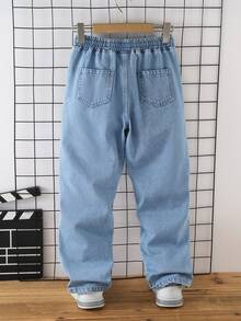 Tween Boy Retro Aqua Blue Washed Denim Jeans,Drawstring Waist,Patch Pockets,Simple Relaxed Tapered Fit,Summer,Casual 2016 Aesthetic,Streetwear,School - Light Wash - View 3