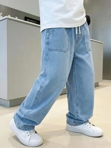 Tween Boy Retro Aqua Blue Washed Denim Jeans,Drawstring Waist,Patch Pockets,Simple Relaxed Tapered Fit,Summer,Casual 2016 Aesthetic,Streetwear,School - Light Wash - View 2