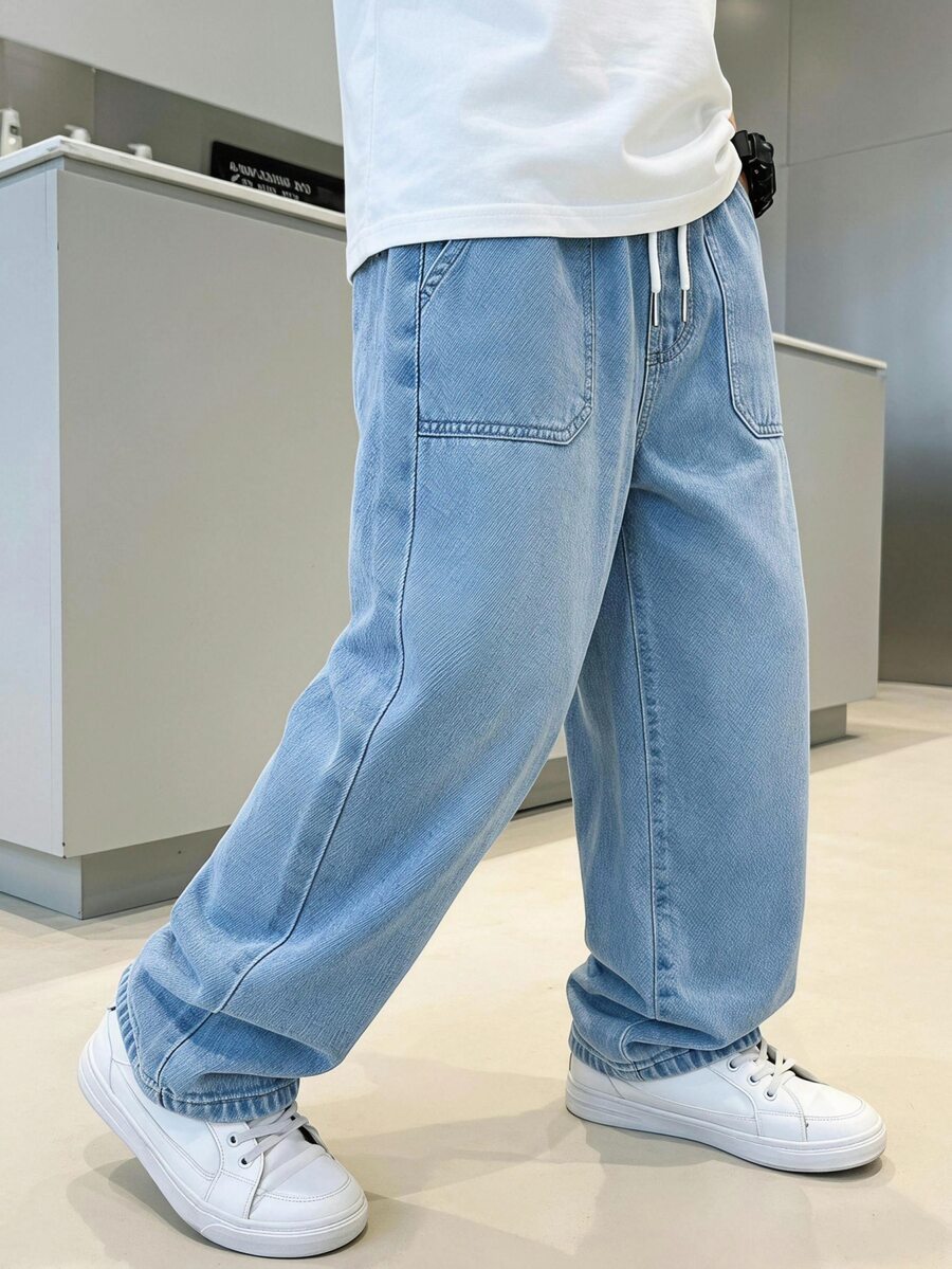 Tween Boy Retro Aqua Blue Washed Denim Jeans,Drawstring Waist,Patch Pockets,Simple Relaxed Tapered Fit,Summer,Casual 2016 Aesthetic,Streetwear,School
