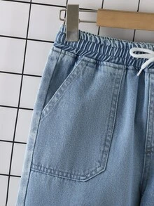 Tween Boy Retro Aqua Blue Washed Denim Jeans,Drawstring Waist,Patch Pockets,Simple Relaxed Tapered Fit,Summer,Casual 2016 Aesthetic,Streetwear,School - Light Wash - View 7