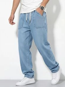 Tween Boy Retro Aqua Blue Washed Denim Jeans,Drawstring Waist,Patch Pockets,Simple Relaxed Tapered Fit,Summer,Casual 2016 Aesthetic,Streetwear,School - Light Wash - View 4