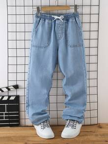 Tween Boy Retro Aqua Blue Washed Denim Jeans,Drawstring Waist,Patch Pockets,Simple Relaxed Tapered Fit,Summer,Casual 2016 Aesthetic,Streetwear,School - Light Wash - View 5