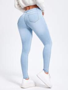 SHEIN ICON Plus Size Women's Fitted Casual Versatile Denim Jeans With Pockets - Light Wash - View 2