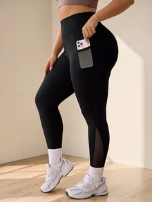 SHEIN Rhythm Era 女款撞色网眼侧口袋运动紧身裤瑜伽裤 - 黑色 - 查看 1
