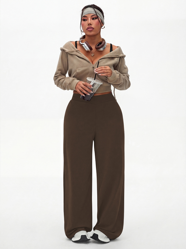 SHEIN Rhythm Era Plus Size Women High Waist Wide Leg Loose Sweatpants Brown Bottoms Brown Pant - Coffee Brown - View 7