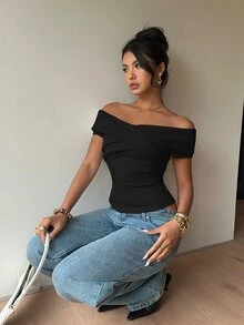 Siren Gaze New Arrival Spring/Summer Solid Color Off-Shoulder T-Shirt For Women,Summer Top - Black - View 5