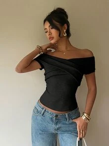 Siren Gaze New Arrival Spring/Summer Solid Color Off-Shoulder T-Shirt For Women,Summer Top - Black - View 3