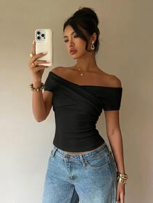 Siren Gaze New Arrival Spring/Summer Solid Color Off-Shoulder T-Shirt For Women,Summer Top - Black - View 4