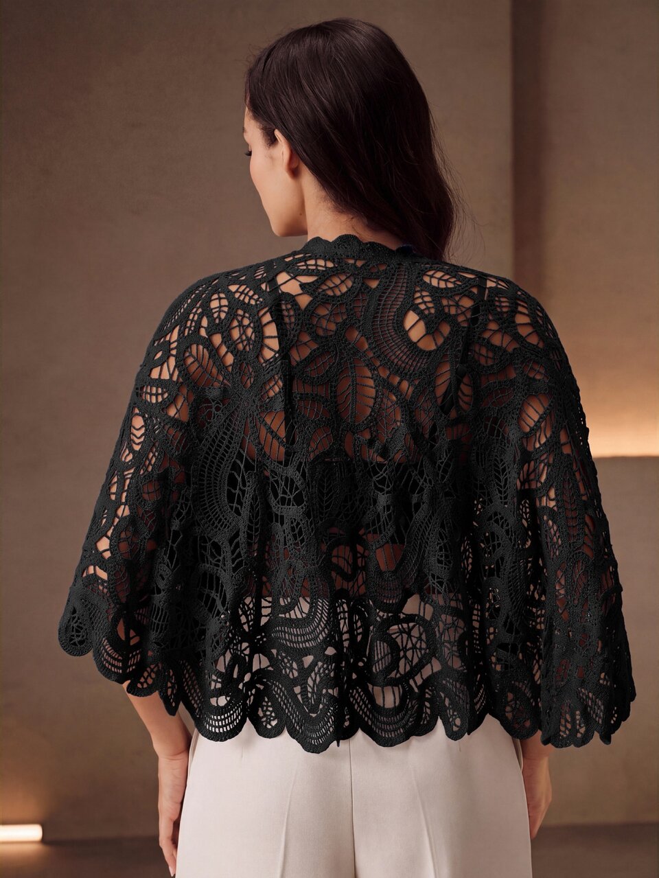Elegant Round Neck Hollow Out Water-Soluble Crochet & Knit Cape Two Pieces Women's Top