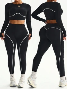 SHEIN Sports 女士加大码无缝黑色长袖T恤和七分紧身裤套装，瑜伽、健身、日常穿着 - 黑與白 - 查看 4