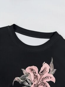 Lalippa 女款 2 件組黑色花卉印花與米色短袖抓皺 T 恤套裝，學院風夏季上衣，校園休閒穿搭，送給朋友的禮物 - 彩色 - 查看 5