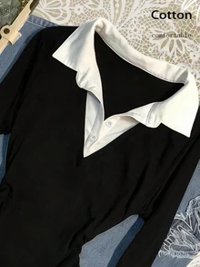 IslaSuriya Women's Casual Preppy Colorblock Patchwork T-Shirt, Spring/Autumn School Teacher Elementary Black And White - Black - View 5