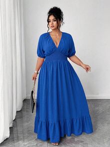 Elenzga 大尺碼女款V領短袖A字優雅洋裝，適合日常穿著、休閒度假風、約會與派對 - 藍色 - 查看 7