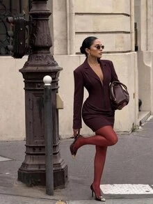 Silquee 優雅性感酒紅色短版西裝洋裝,適合秋冬休閒外出、社交聚會、約會及職場穿著 - 黑色 - 查看 3