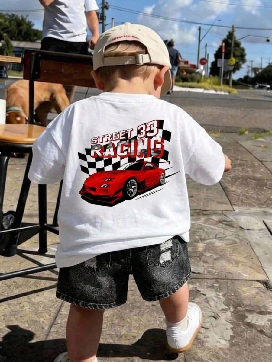 Kids Young Boy Casual Minimalist Letter Racing Print T-Shirt And Shorts Set White Summer - White - View 1