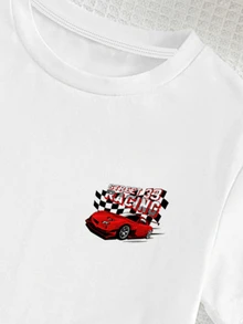 Kids Young Boy Casual Minimalist Letter Racing Print T-Shirt And Shorts Set White Summer - White - View 4