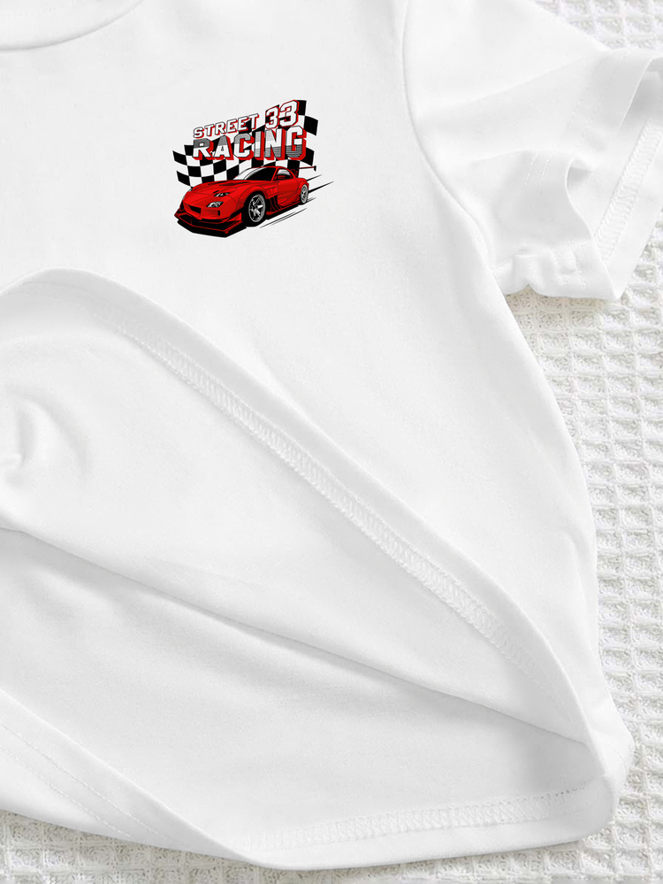 Kids Young Boy Casual Minimalist Letter Racing Print T-Shirt And Shorts Set White Summer - White - View 5