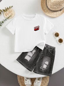 Kids Young Boy Casual Minimalist Letter Racing Print T-Shirt And Shorts Set White Summer - White - View 3