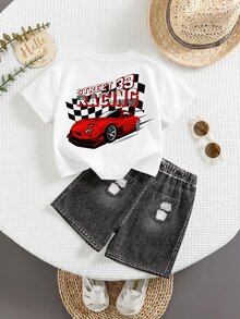 Kids Young Boy Casual Minimalist Letter Racing Print T-Shirt And Shorts Set White Summer - White - View 2