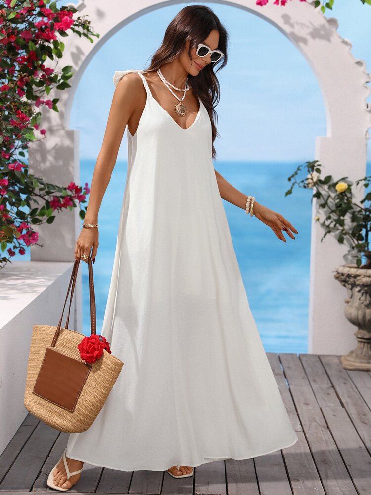 white flowy maxi dress boho Vivid Eden Women's Holiday Summer Dress,Boho Casual Bow Tie Shoulder Braided Strap Sundress,Loose Vacation Beach Resort Wear With Pockets collections:basics