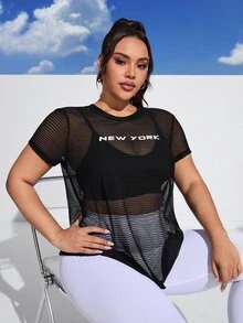 SHEIN Rhythm Era 加大字母图案网眼运动T恤（不含胸罩）健身女式衬衫 - 黑色 - 查看 6