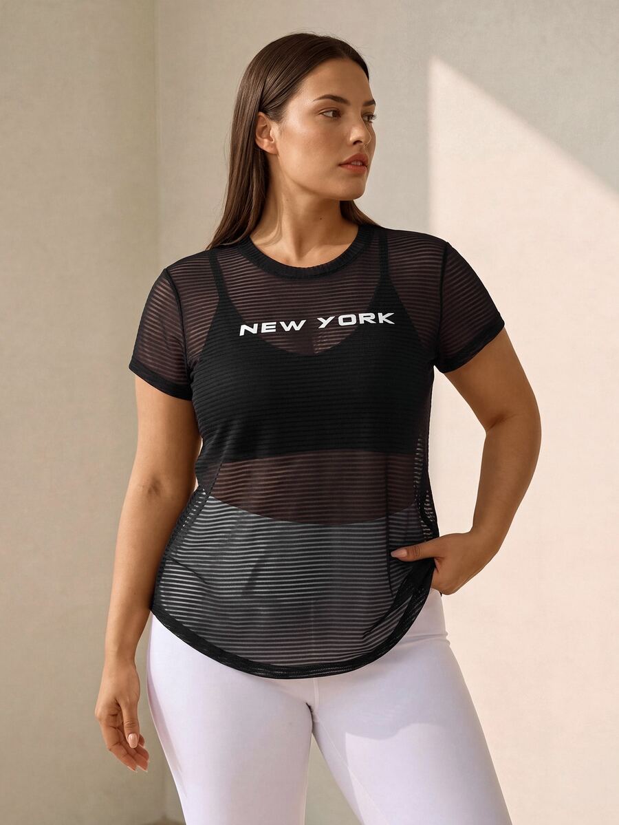 SHEIN Rhythm Era 加大字母图案网眼运动T恤（不含胸罩）健身女式衬衫