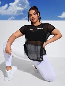 SHEIN Rhythm Era 加大字母图案网眼运动T恤（不含胸罩）健身女式衬衫 - 黑色 - 查看 5