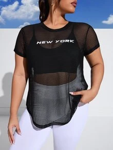 SHEIN Rhythm Era 加大字母图案网眼运动T恤（不含胸罩）健身女式衬衫 - 黑色 - 查看 4