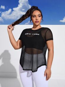 SHEIN Rhythm Era 加大字母图案网眼运动T恤（不含胸罩）健身女式衬衫 - 黑色 - 查看 9