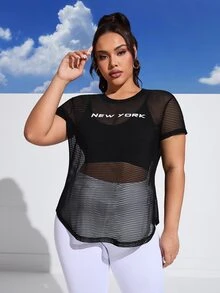 SHEIN Rhythm Era 加大字母图案网眼运动T恤（不含胸罩）健身女式衬衫 - 黑色 - 查看 8