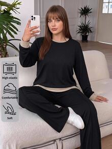 SHEIN BASICS Plus Size Women's Colorblock Crew Neck Long Sleeve Sweatshirt And Pants Casual Traditional Set Lounge Formal Black Autumn Fall - Black - View 2