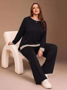 SHEIN BASICS Plus Size Women's Colorblock Crew Neck Long Sleeve Sweatshirt And Pants Casual Traditional Set Lounge Formal Black Autumn Fall - Black - View 10