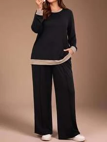 SHEIN BASICS Plus Size Women's Colorblock Crew Neck Long Sleeve Sweatshirt And Pants Casual Traditional Set Lounge Formal Black Autumn Fall - Black - View 8