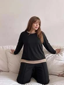 SHEIN BASICS Plus Size Women's Colorblock Crew Neck Long Sleeve Sweatshirt And Pants Casual Traditional Set Lounge Formal Black Autumn Fall - Black - View 6